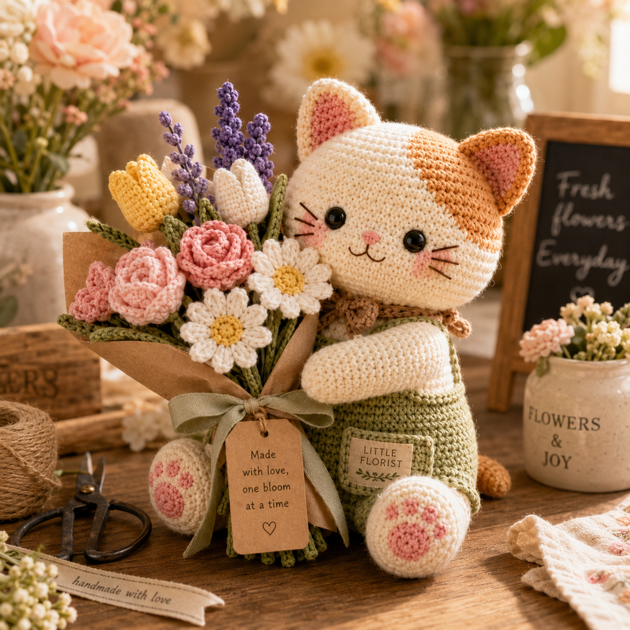 Little Florist Crochet Cat – Handmade Mixed Flower Bouquet Gifts