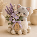 Gray Cat Crochet Flower Pot – Handmade Lavender Cat Decor, Cute Cat Lover Gift & Floral Desk Decoration