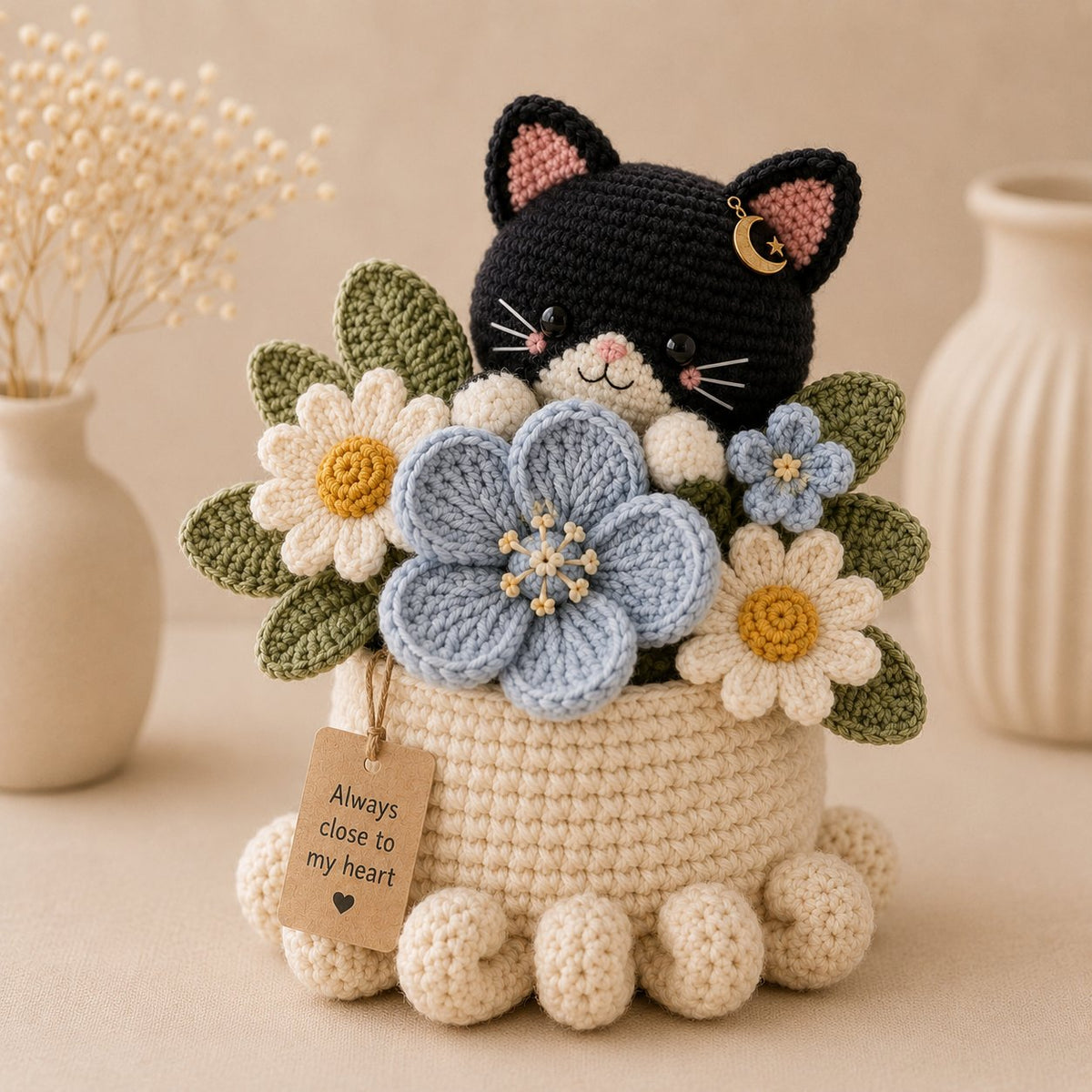 Gray Cat Crochet Sunflower Pot – Handmade Floral Cat Decor, Cute Cat Lover Gift & Sunshine Desk Decoration