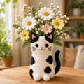 Black & White Cat Crochet Flower Pot – Handmade Daisy Cat Planter, Cute Floral Desk Decor & Cat Lover Gift