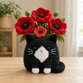Tuxedo Cat Crochet Flower Planter with Red Poppies – Handmade Cat Lover Gift
