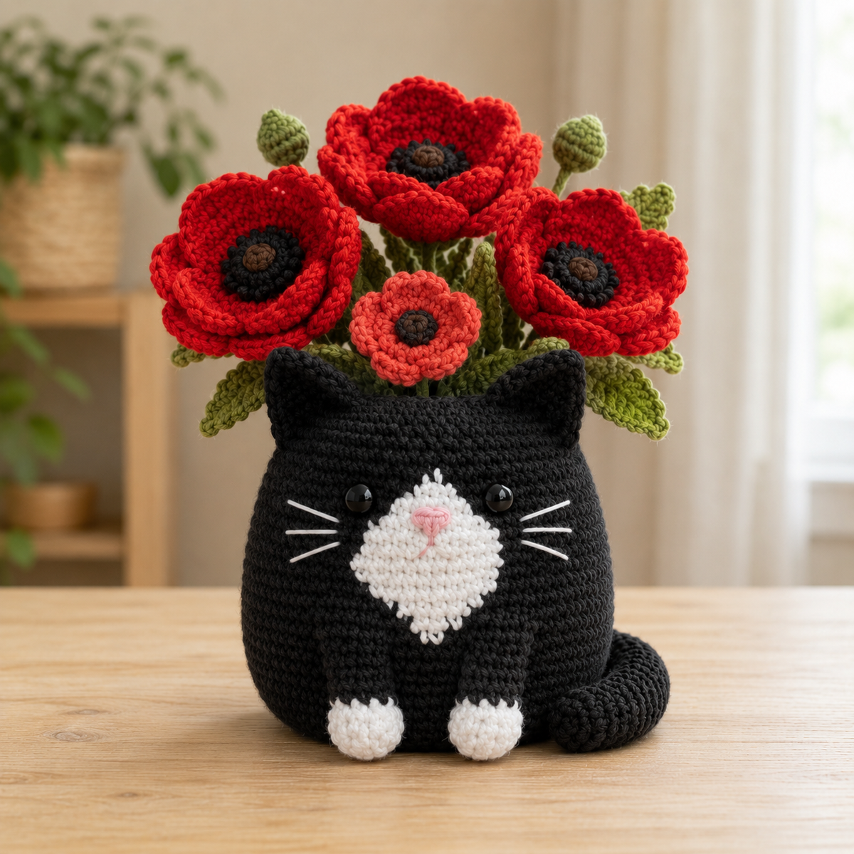 Tuxedo Cat Crochet Flower Planter with Red Poppies – Handmade Cat Lover Gift