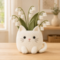 White Cat Crochet Flower Planter with Lily of the Valley – Handmade Floral Cat Gift