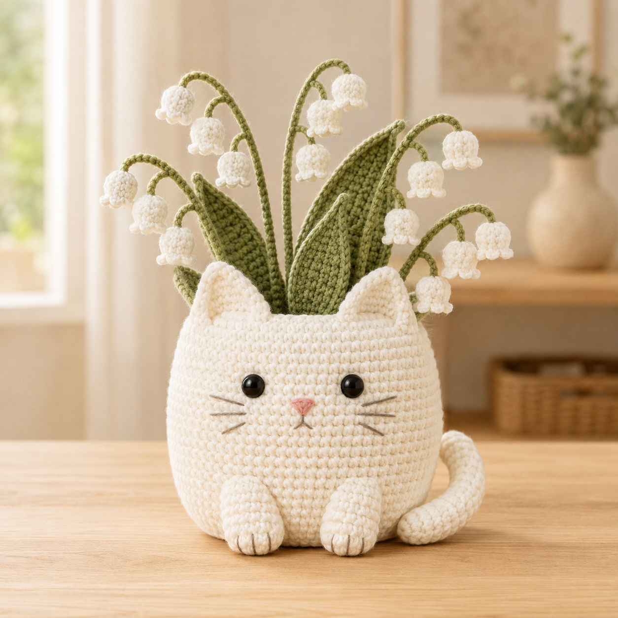 White Cat Crochet Flower Planter with Lily of the Valley – Handmade Floral Cat Gift