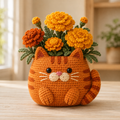 Orange Tabby Cat Crochet Flower Planter with Marigolds – Handmade Cat Lover Gift