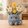 Blue Gray Cat Crochet Flower Planter with Daffodils – Handmade Spring Cat Lover Gift