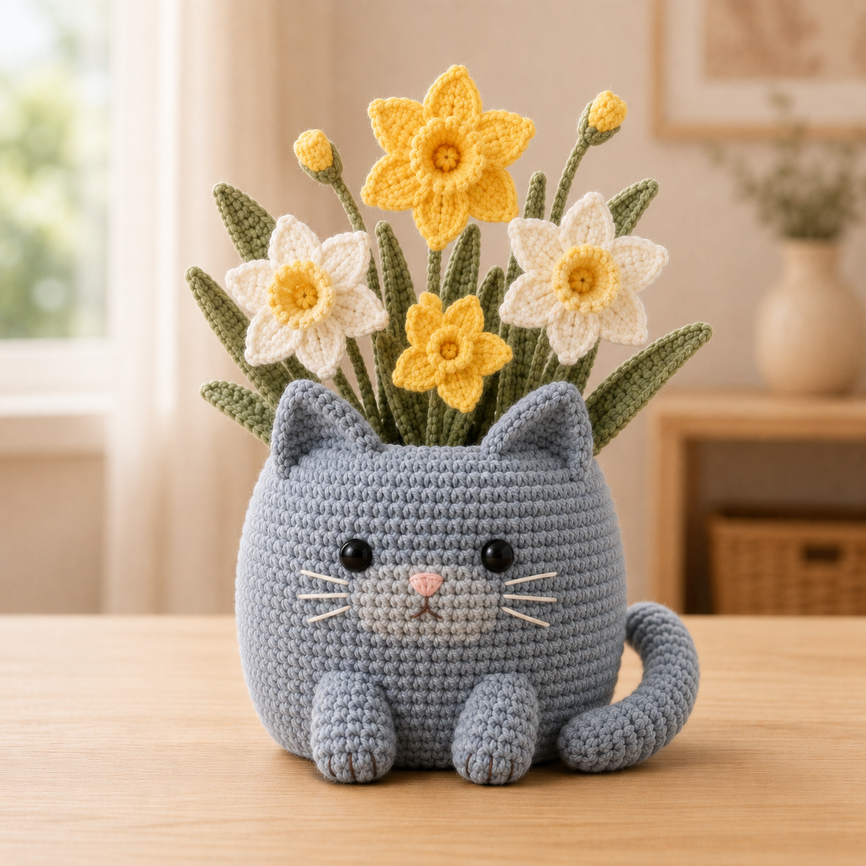 Blue Gray Cat Crochet Flower Planter with Daffodils – Handmade Spring Cat Lover Gift