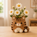 Crochet Brown Tabby Cat Daisy Planter
