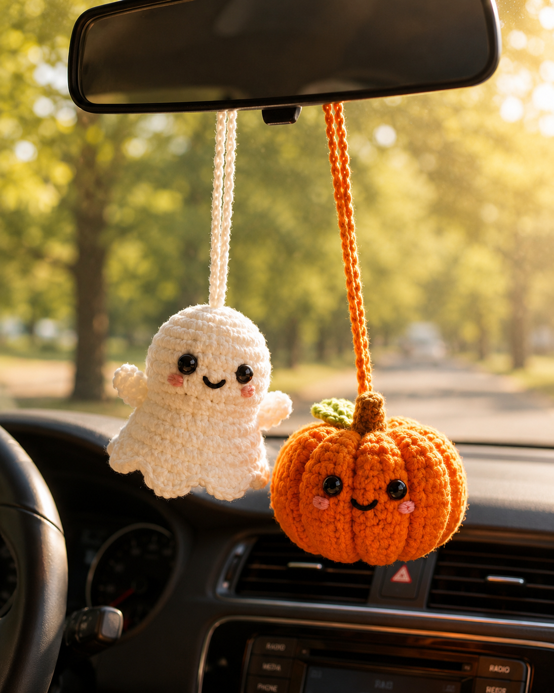 Crochet Ghost Pumpkin Car Hanging – Halloween Mirror Decor