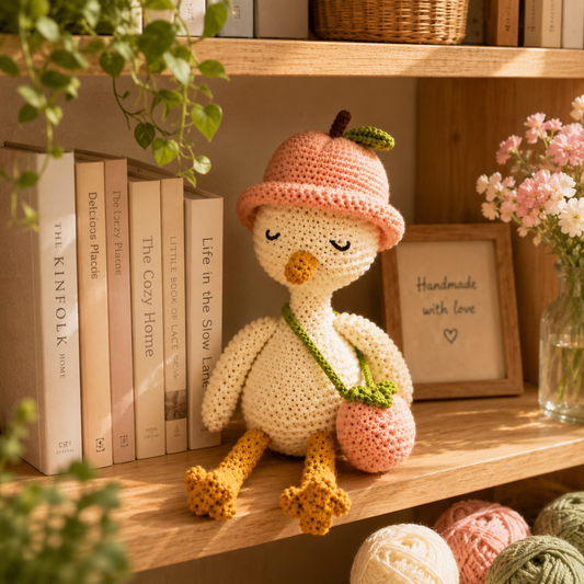 Crochet Goose Doll with Peach Hat – Handmade Cottagecore Gift