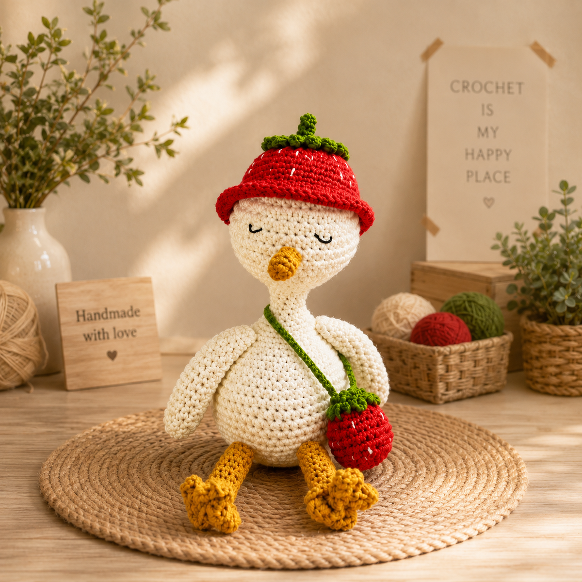 Crochet Goose Doll with Blueberry Hat – Handmade Summer Gift