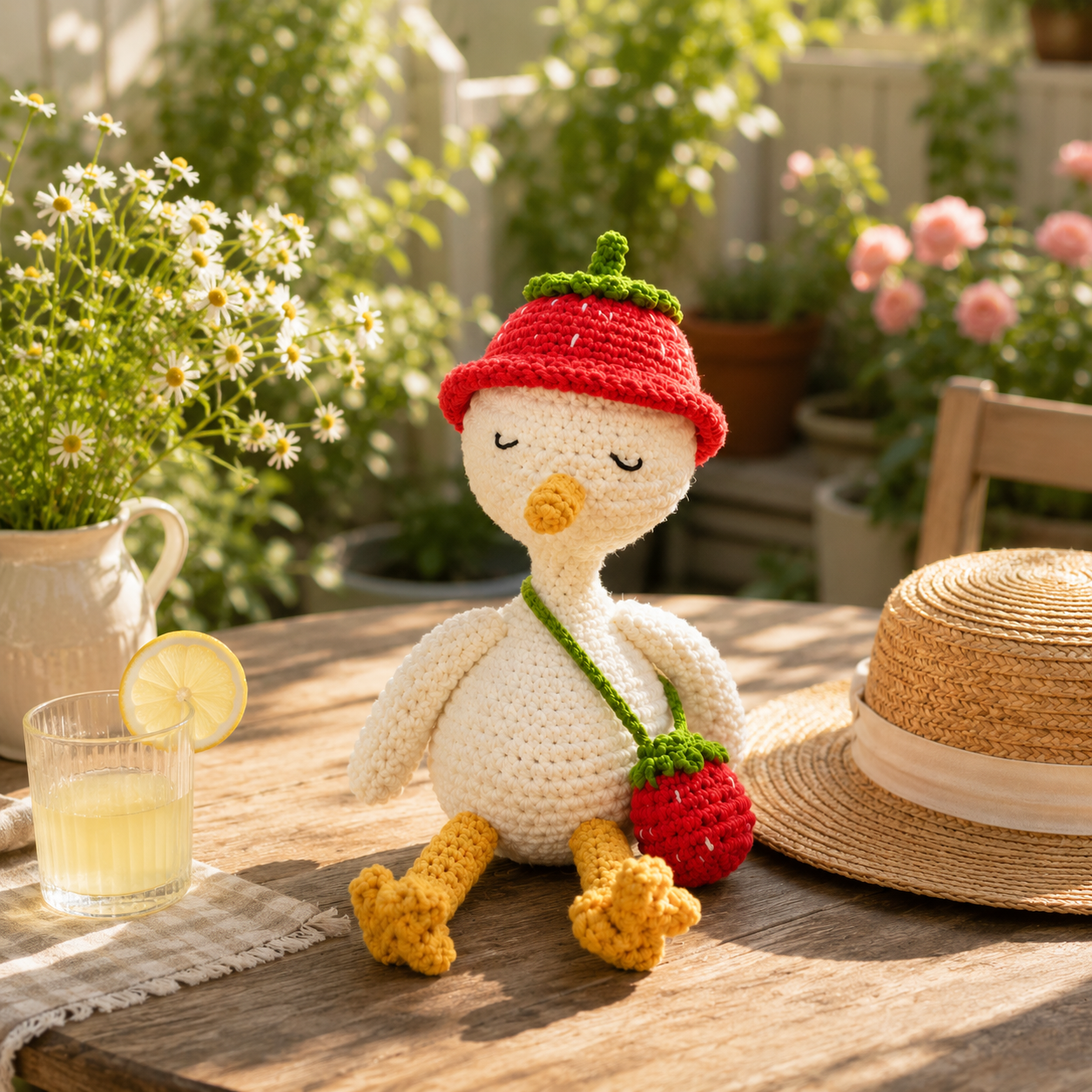 Crochet Goose Doll with Blueberry Hat – Handmade Summer Gift