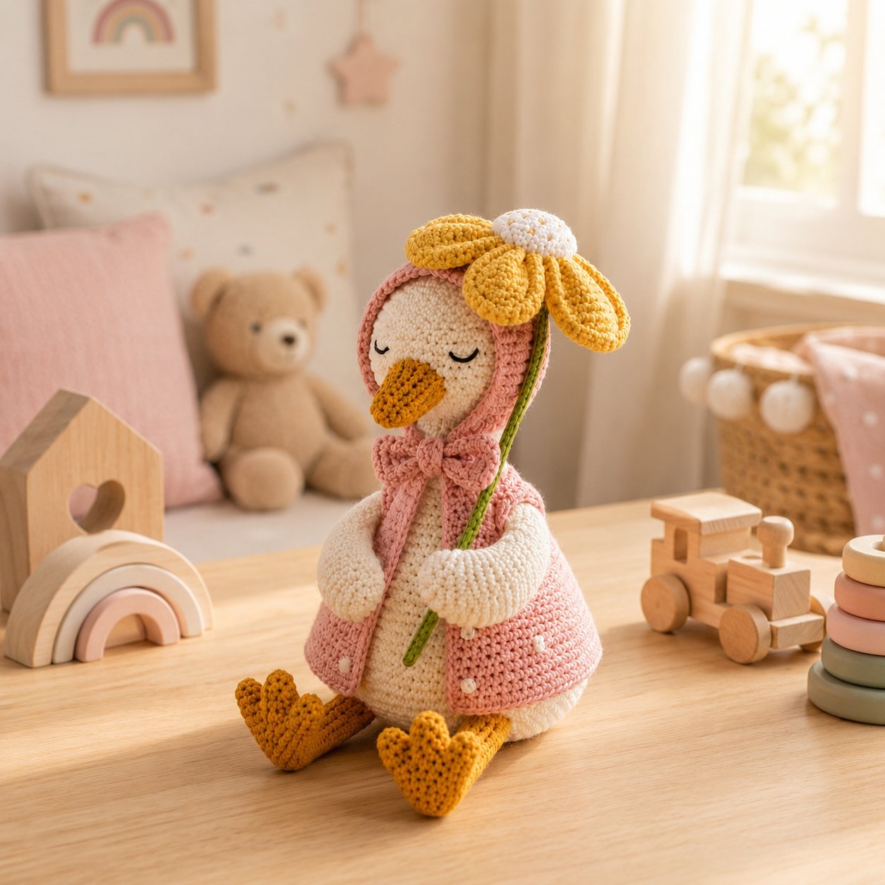 Daisy Crochet Goose Plush – Pink Hooded Spring Decor
