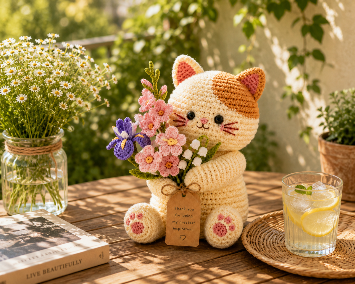 Crochet Iris & Gladiolus Cat Flower Pot – Handmade Desk Decor Gift