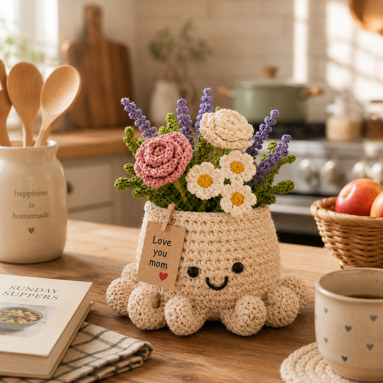 Crochet Sunflower & Lavender Basket – Handmade Desk Decor Gift