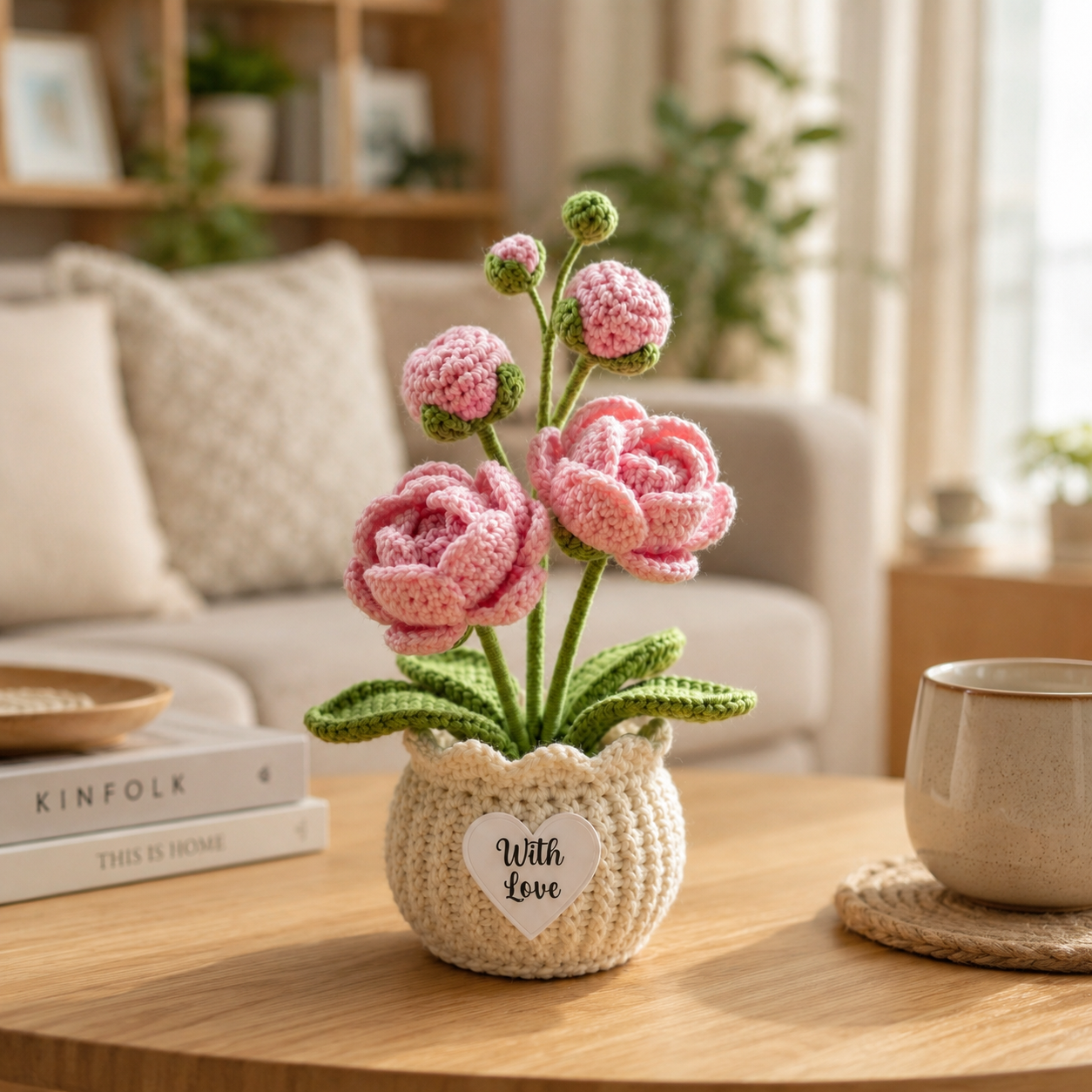 Handmade Crochet Pink Peony Flower Pot – Mother's Day Gift