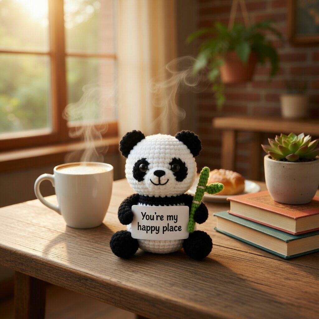 Handmade Crochet Panda with Happy Place Sign – Cute Anniversary Gift