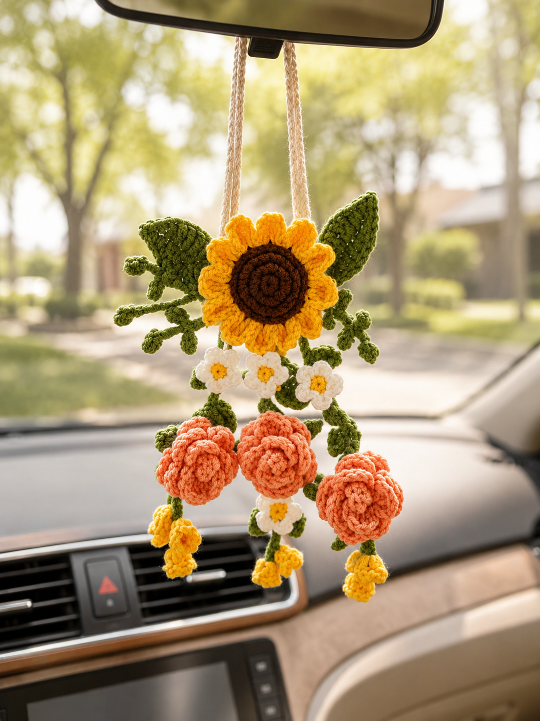 Crochet Flower Car Hanging Charm – Daisy Lavender Mirror Decor