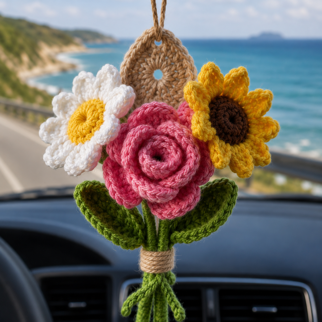 Crochet Flower Car Mirror Hanger – Handmade Bouquet Charm