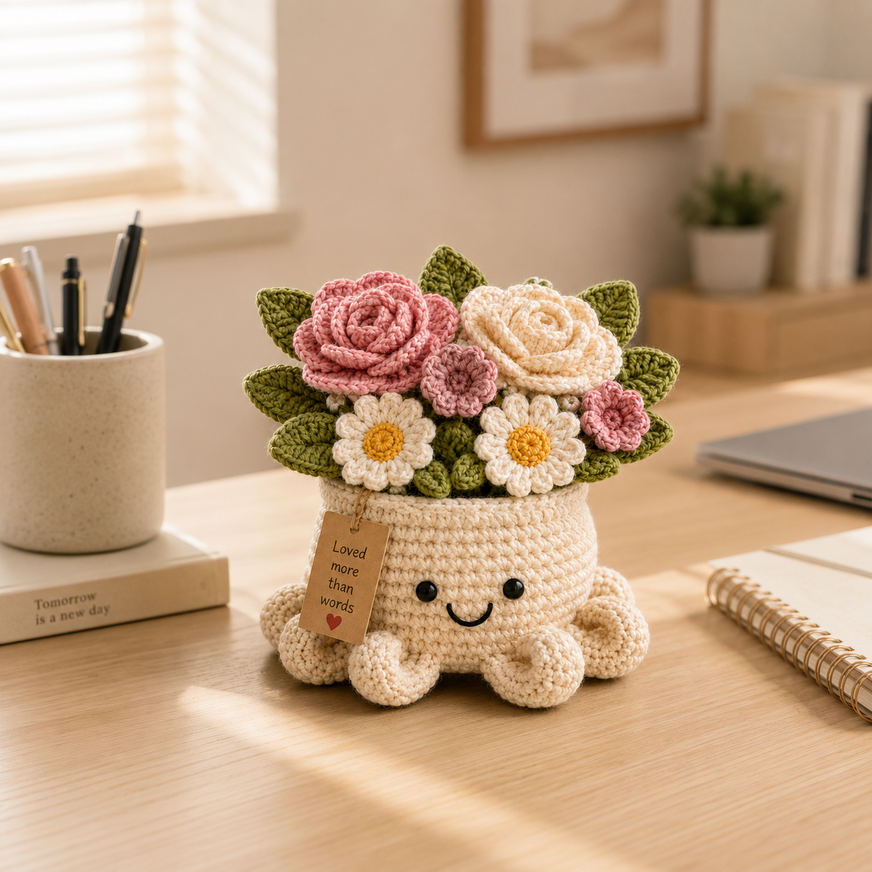 Blush Crochet Rose Bouquet in Octopus Pot – Handmade Floral Gift