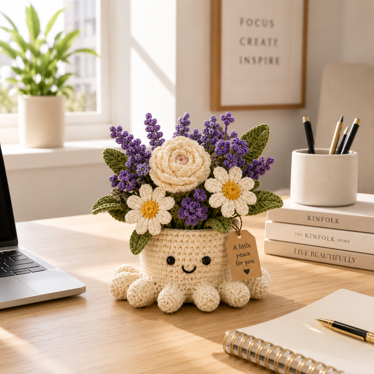 Crochet Lavender & Daisy Bouquet in Octopus Pot, Handmade Gift