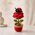 Handmade Crochet Rose Flower Pot with Ladybug – Cute Desk Decor