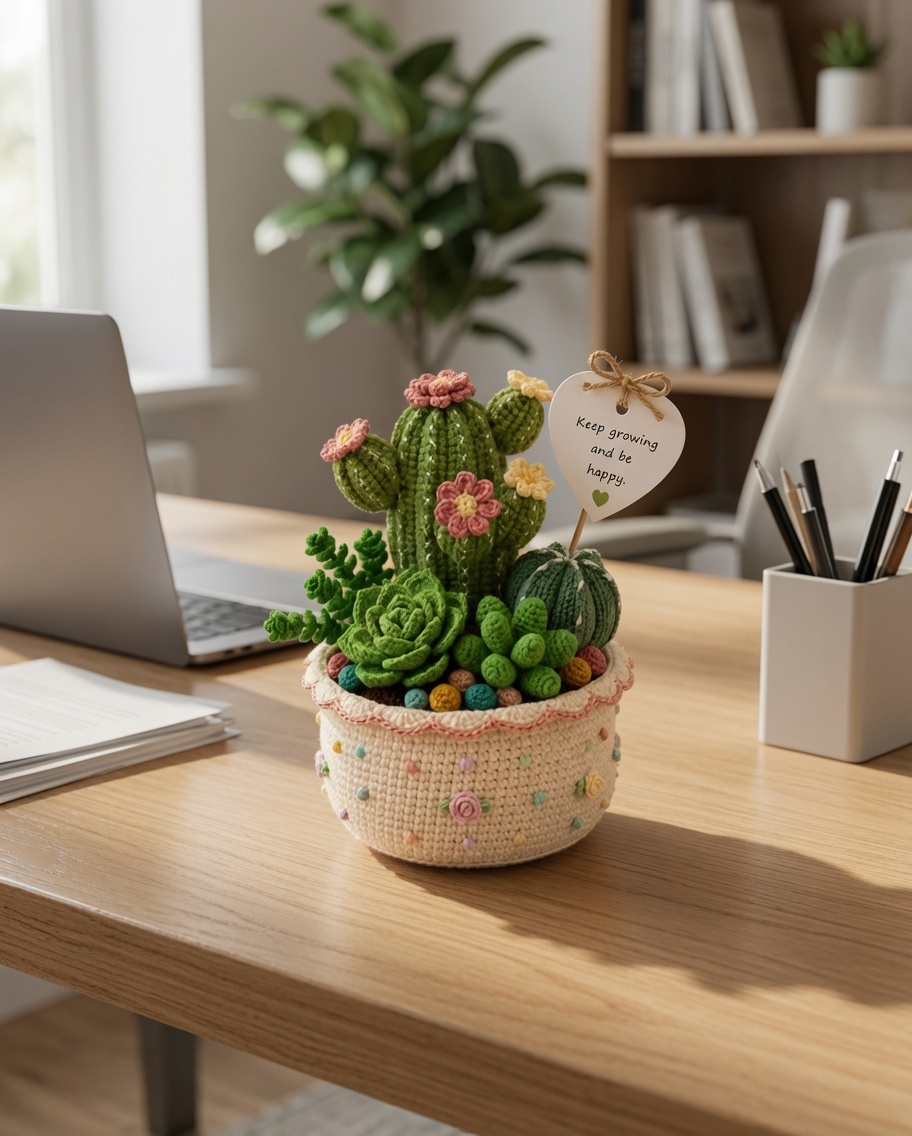 Handmade Crochet Cactus & Succulent Pot – Positive Desk Decor