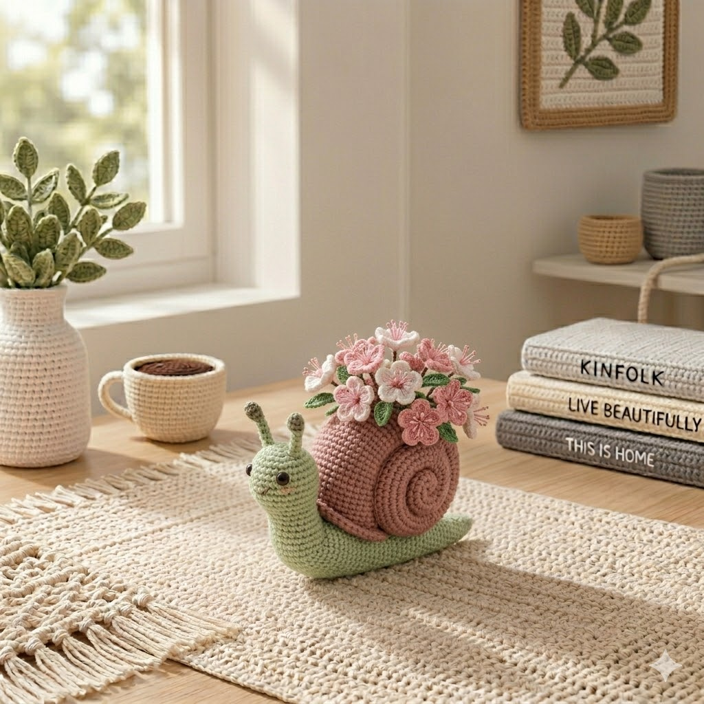 Handmade Crochet Snail Flower Pot – Cherry Blossom Desk Decor