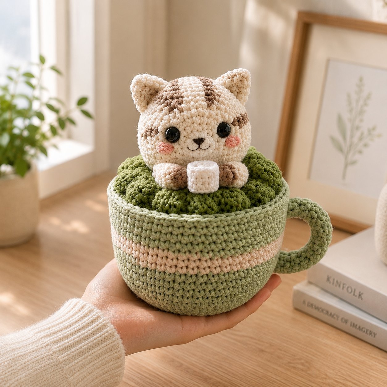 Handmade Crochet Matcha Cat in Teacup – Cute Amigurumi Desk Decor