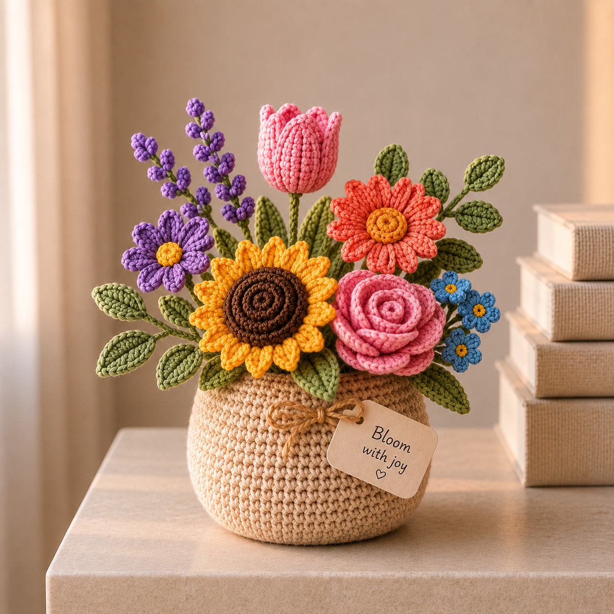 Handmade Crochet Flower Basket – Daisy & Lavender Desk Decor