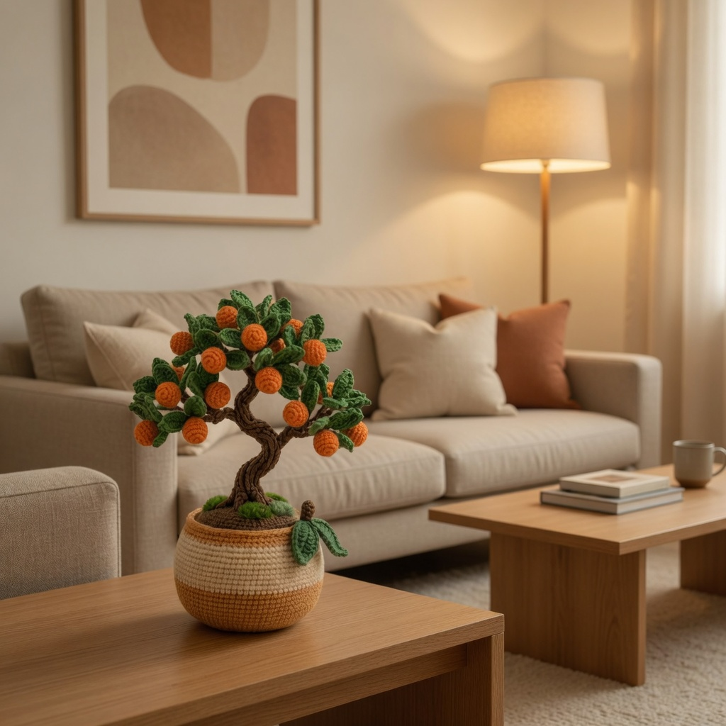 Handmade Crochet Orange Bonsai Tree – Feng Shui Desk Decor