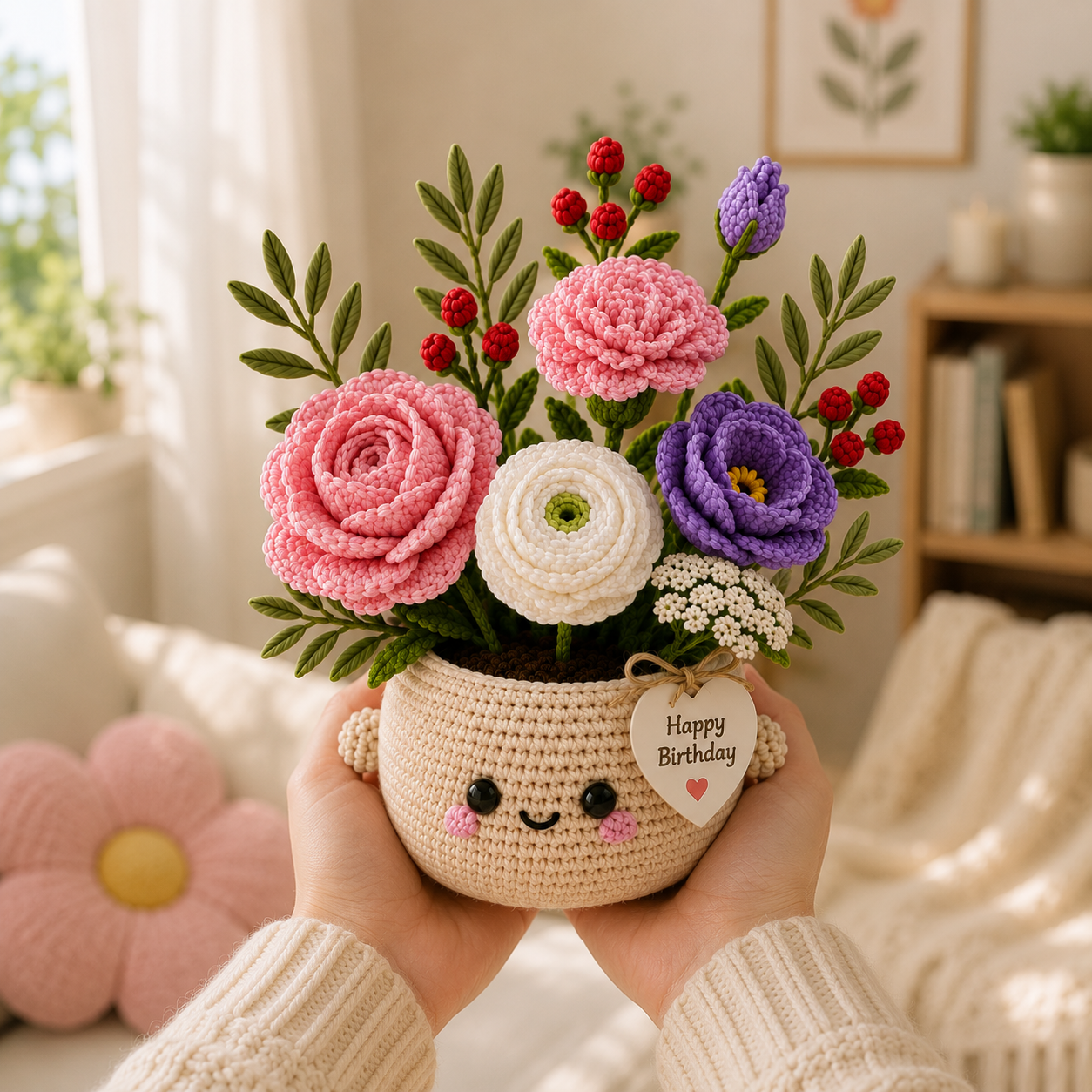Handmade Crochet Birthday Flower Basket – Personalized Floral Gift