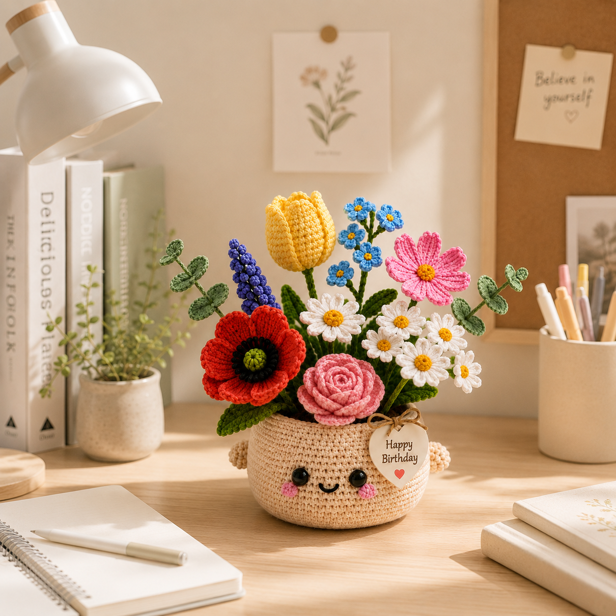 Handmade Crochet Birthday Flower Basket – Tulip & Wildflower Bouquet