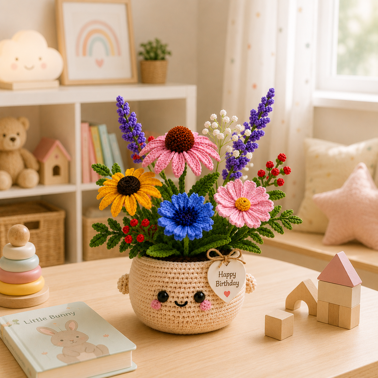 Handmade Crochet Birthday Flower Basket – Wildflower Meadow Bouquet