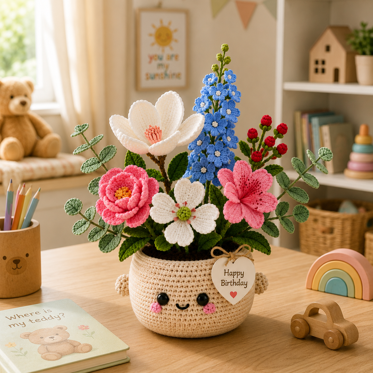 Handmade Crochet Birthday Flower Basket – Magnolia & Dogwood Bouquet