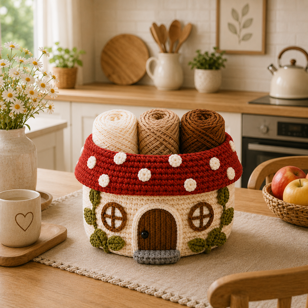 Cute Crochet Mushroom House Yarn Basket - Handmade Storage Bowl for Knitting