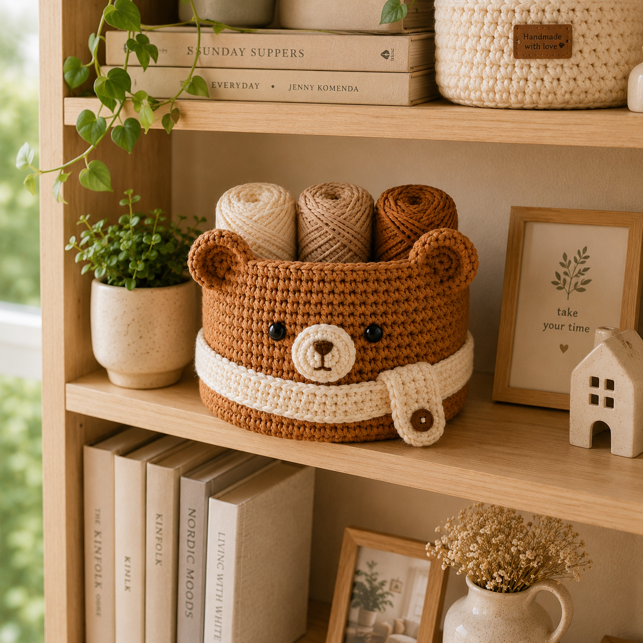 Cute Crochet Bear Yarn Basket with Scarf - Handmade Storage Bowl for Knitting