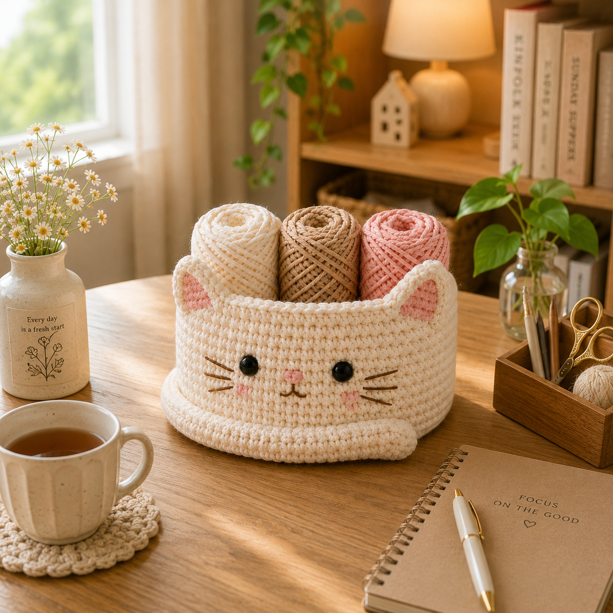 Cute Crochet Cat Yarn Basket - Handmade Storage Bowl for Knitting & Craft Supplies