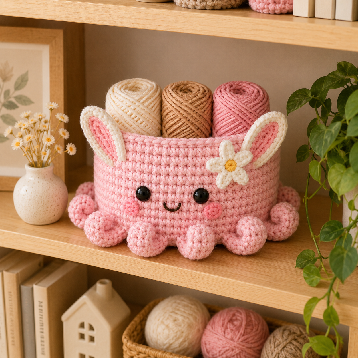 Cute Crochet Octopus Yarn Basket - Handmade Storage Bowl for Knitting & Craft Supplies
