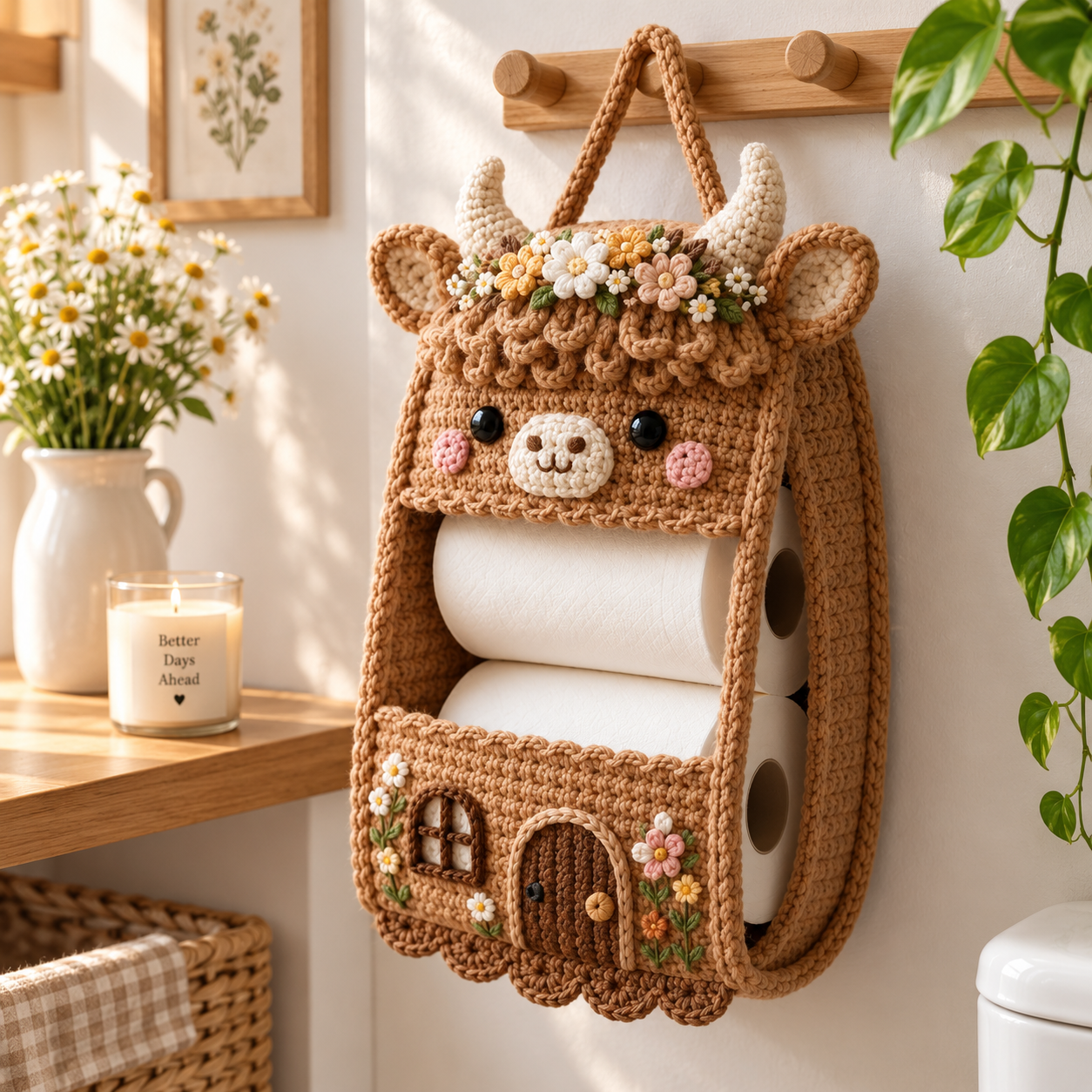 Crochet Highland Cow Toilet Paper Holder - Handmade Hanging Organizer