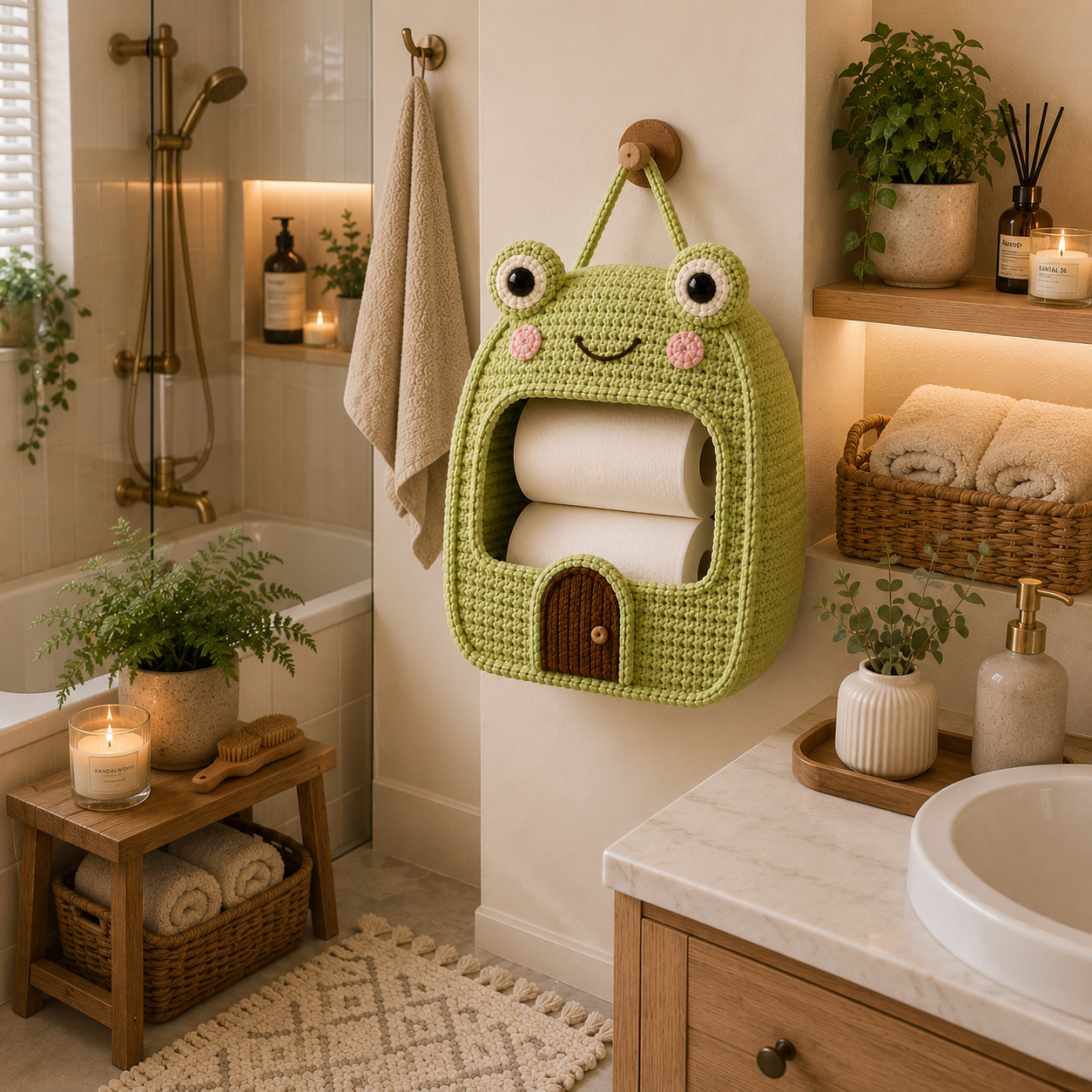 Crochet Frog Toilet Paper Holder - Handmade Hanging Organizer