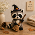 Cute Crochet Witch Raccoon with Broom Plush - Handmade Amigurumi Stuffed Animal Toy