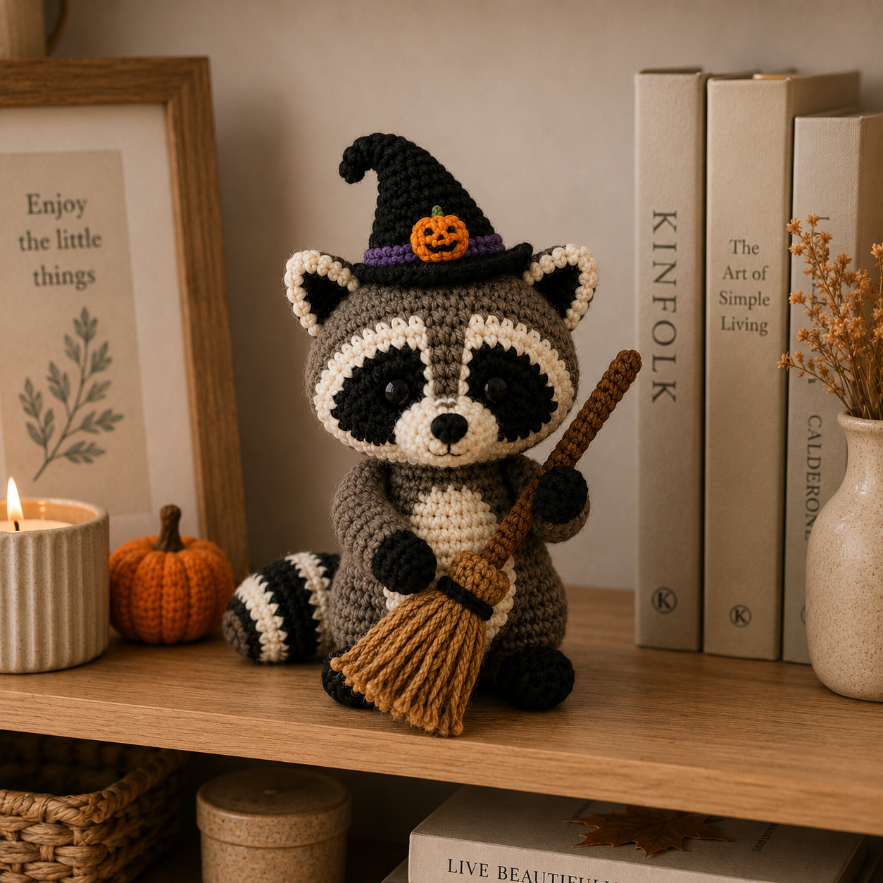 Cute Crochet Witch Raccoon with Broom Plush - Handmade Amigurumi Stuffed Animal Toy