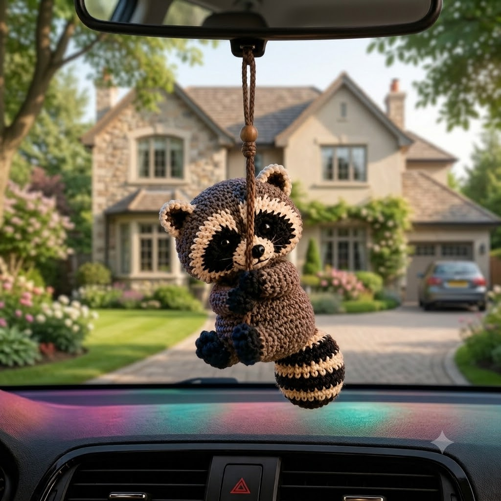 Cute Crochet Raccoon Ca Hanging - Handmade Amigurumi Auto Rearview Charm