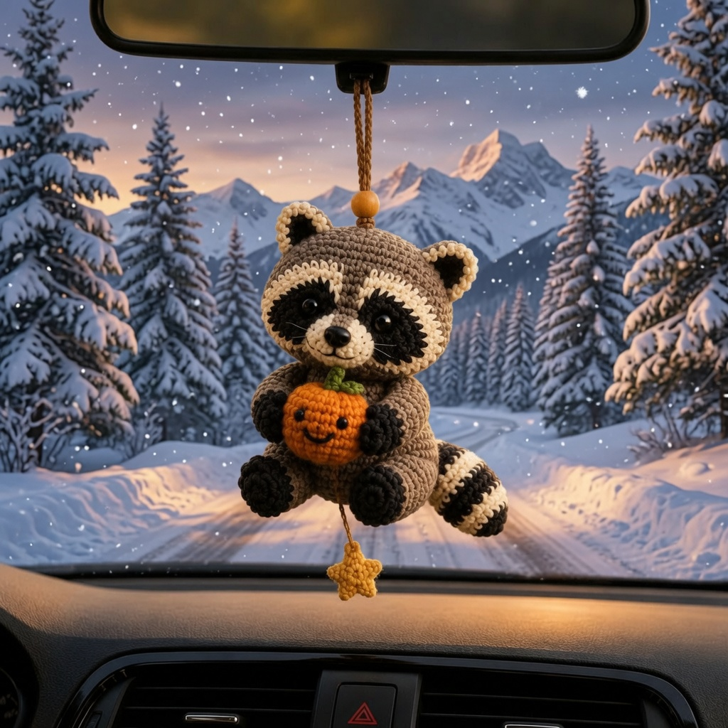 Cute Crochet Raccoon Holding Pumpkin Car Hanging - Handmade Auto Rearview Charm