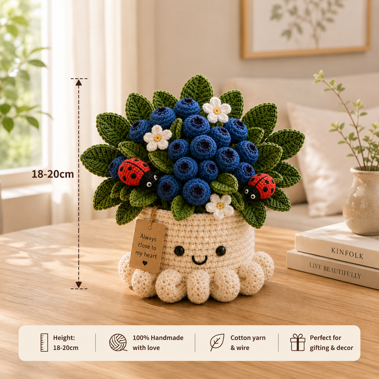Handmade Crochet Blueberry Pot with Ladybugs - Cute Gift & Decor