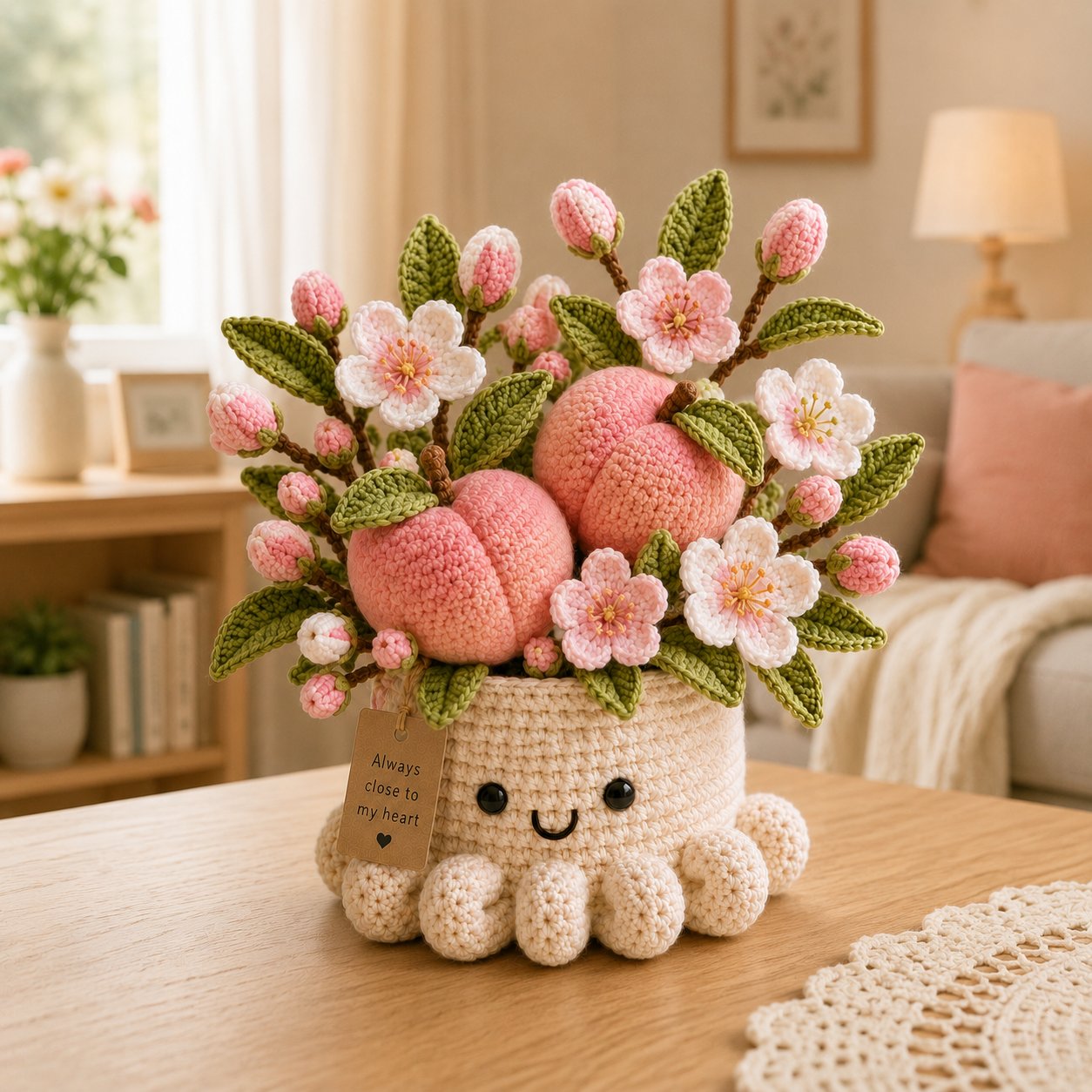 Handmade Crochet Peach Blossom Pot - Cute Gift & Home Decor