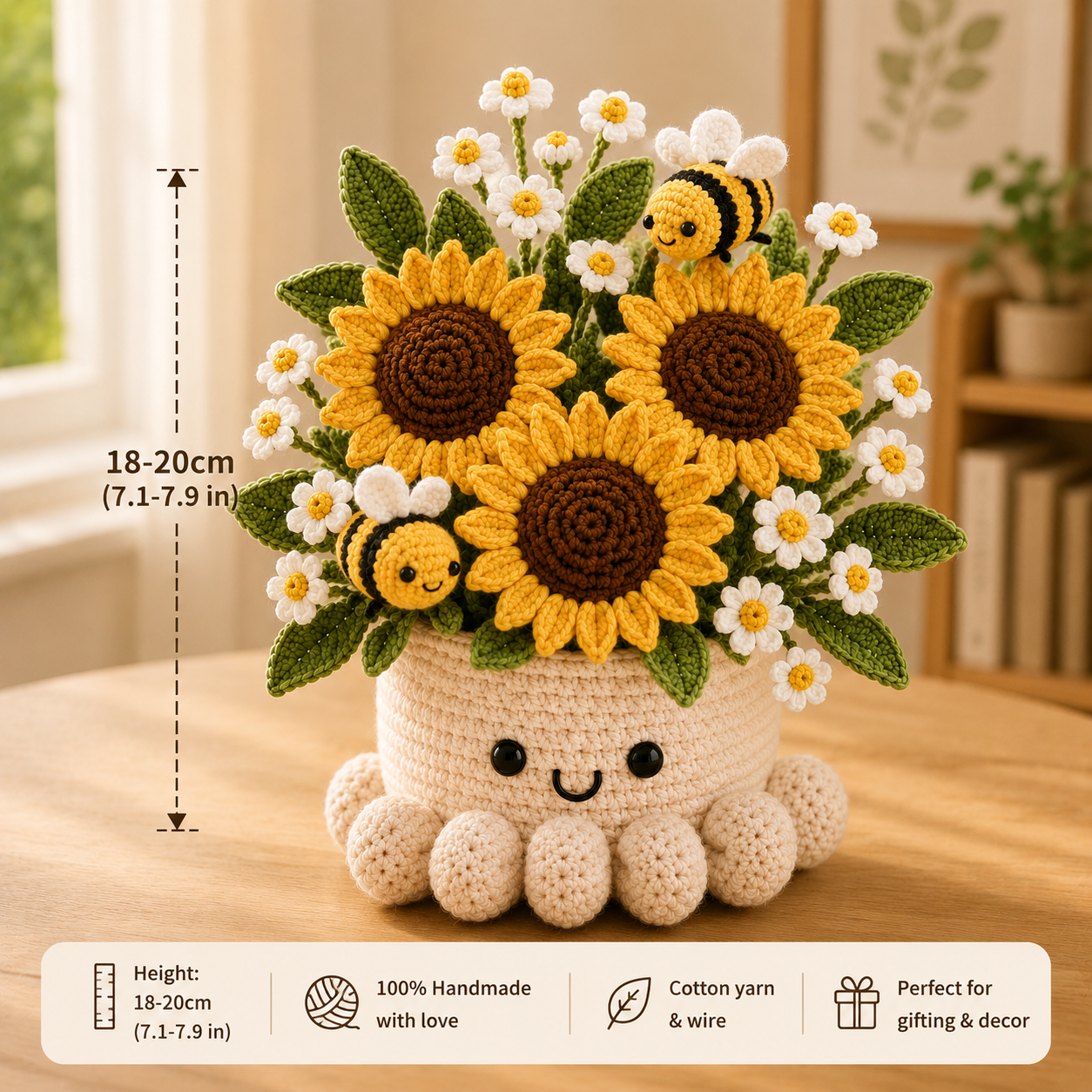 Handmade Crochet Sunflower Pot with Bees - Cute Gift & Decor