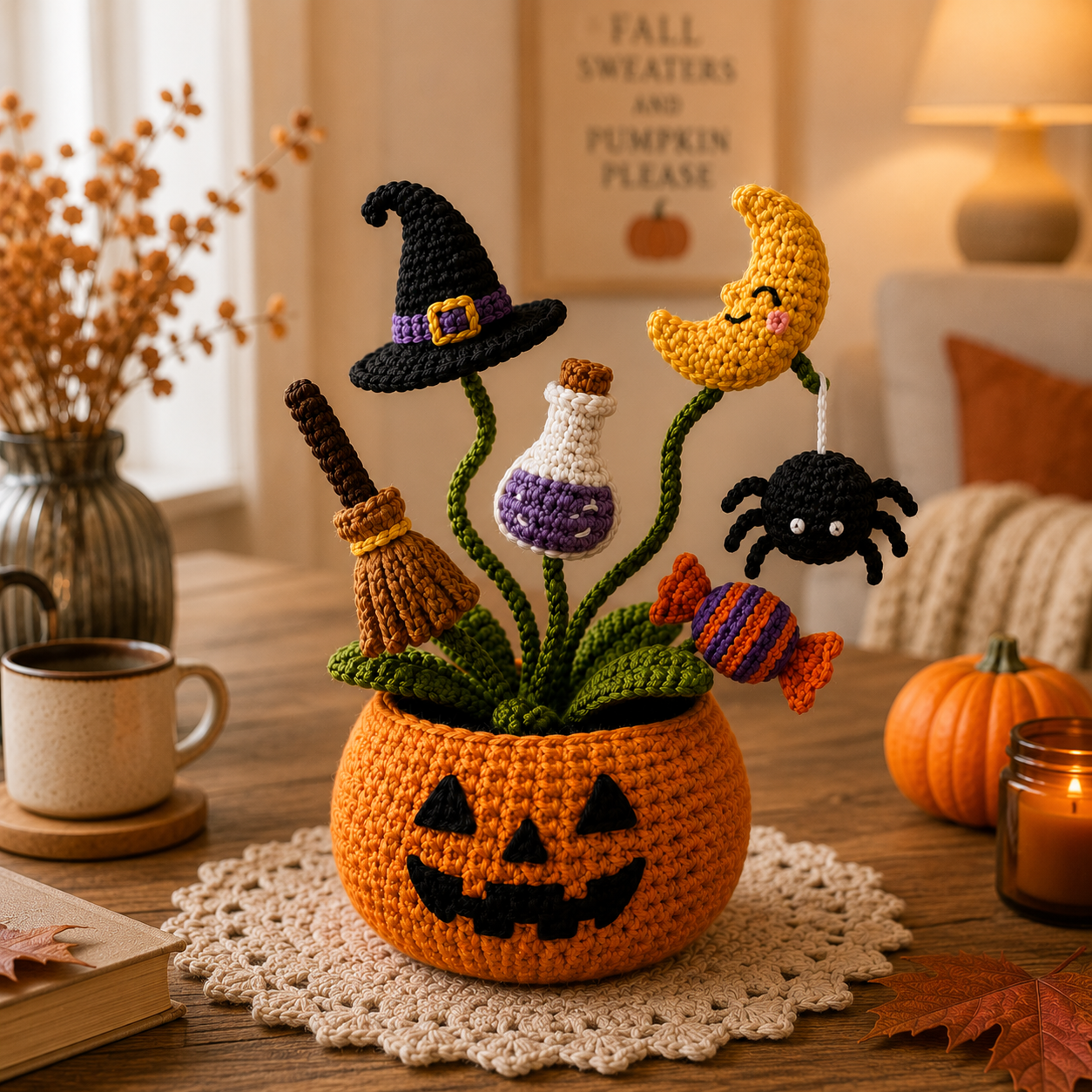 Handmade Crochet Halloween Pumpkin Pot Decor