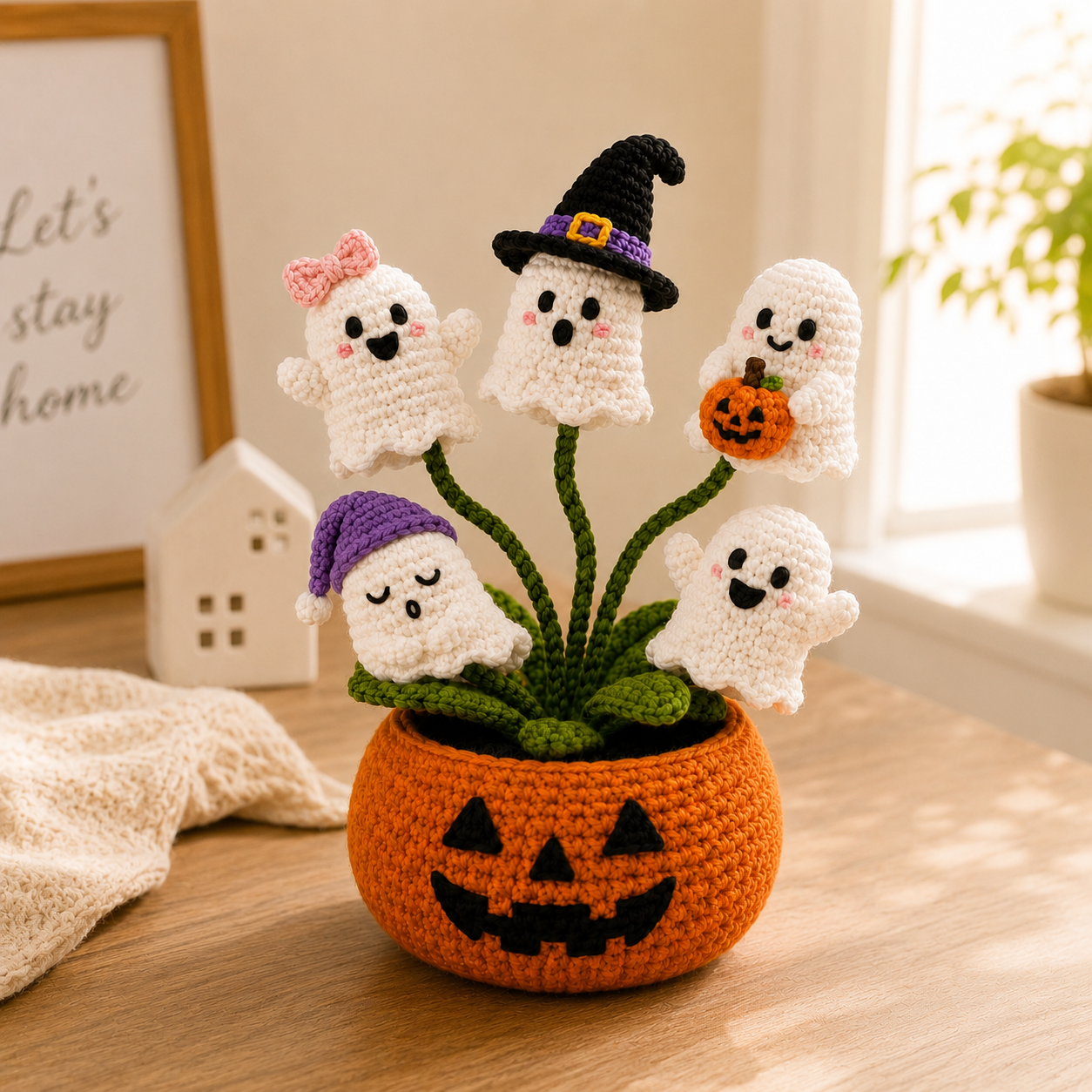 Handmade Crochet Ghost Halloween Pumpkin Pot Decor